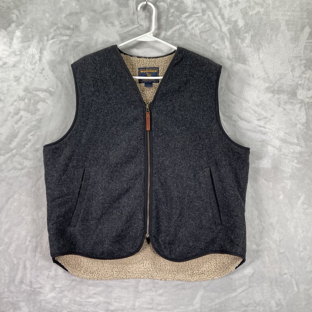 Woolrich Vest Mens Large Full Zip Wool Sherpa Fleece Lined Pockets Hunting Gray